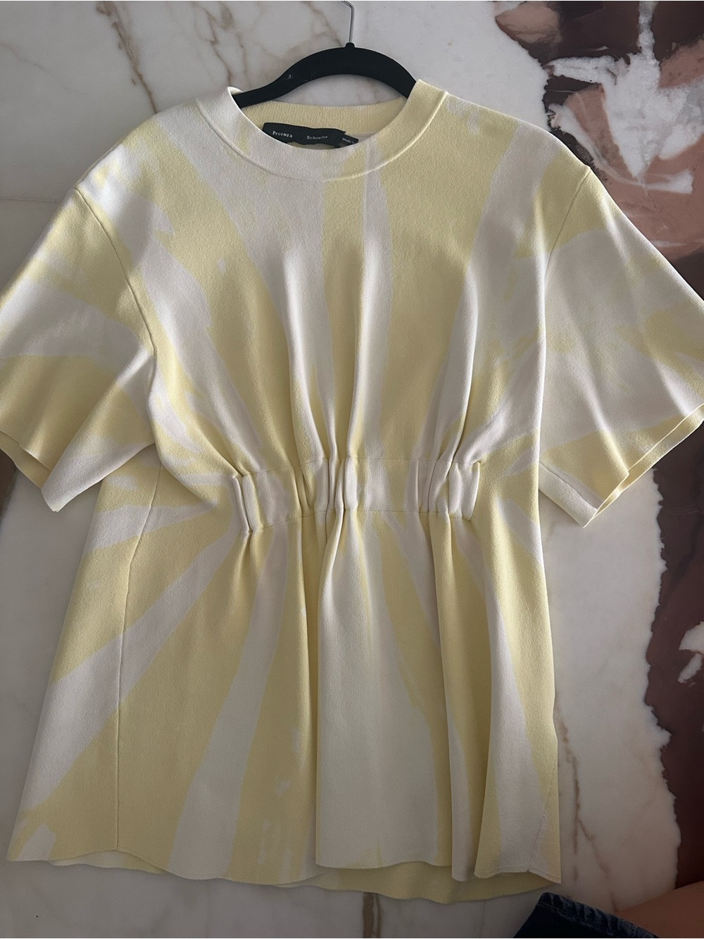 Proenza Schouler Yellow & White Short Sleeve Gathered Waist knit top